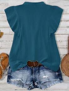 Linhara Plus Size Casual V-Neck Partial Placket Ruffle Trim Blouse - Teal Blue - View 2