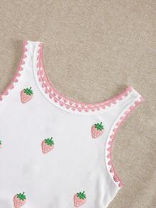 Resyla Strawberry Embroidery Contrast Color Shell Trim Round Neck Cropped Tank Top For Women - White - View 5