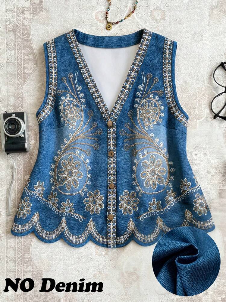 GlowEve CURVE Blusa sin mangas de estilo bohemio para mujer talla grande, nueva para el verano, con estampado de denim falso, cuello con botones de coco decorativos, dobladillo con onda especial. Adecuado para: diario, vacaciones, estilo artístico social, retro ligero, eventos temáticos - Multicolor - Ver 1