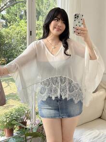 CovetEZ 大码夏季沙滩蕾丝宽松罩衫女款 - 米色 - 查看 6