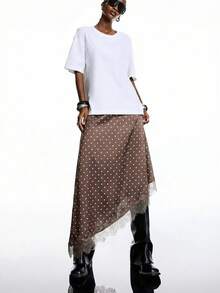 LYSMO 大码新款简约棕色纯色不对称下摆撞色蕾丝优雅半身裙，缎面蕾丝棕色半身裙，适合外出、优雅场合、女士派对礼服、圣诞派对礼服、夏季女装、派对礼服 - 棕色 - 查看 7