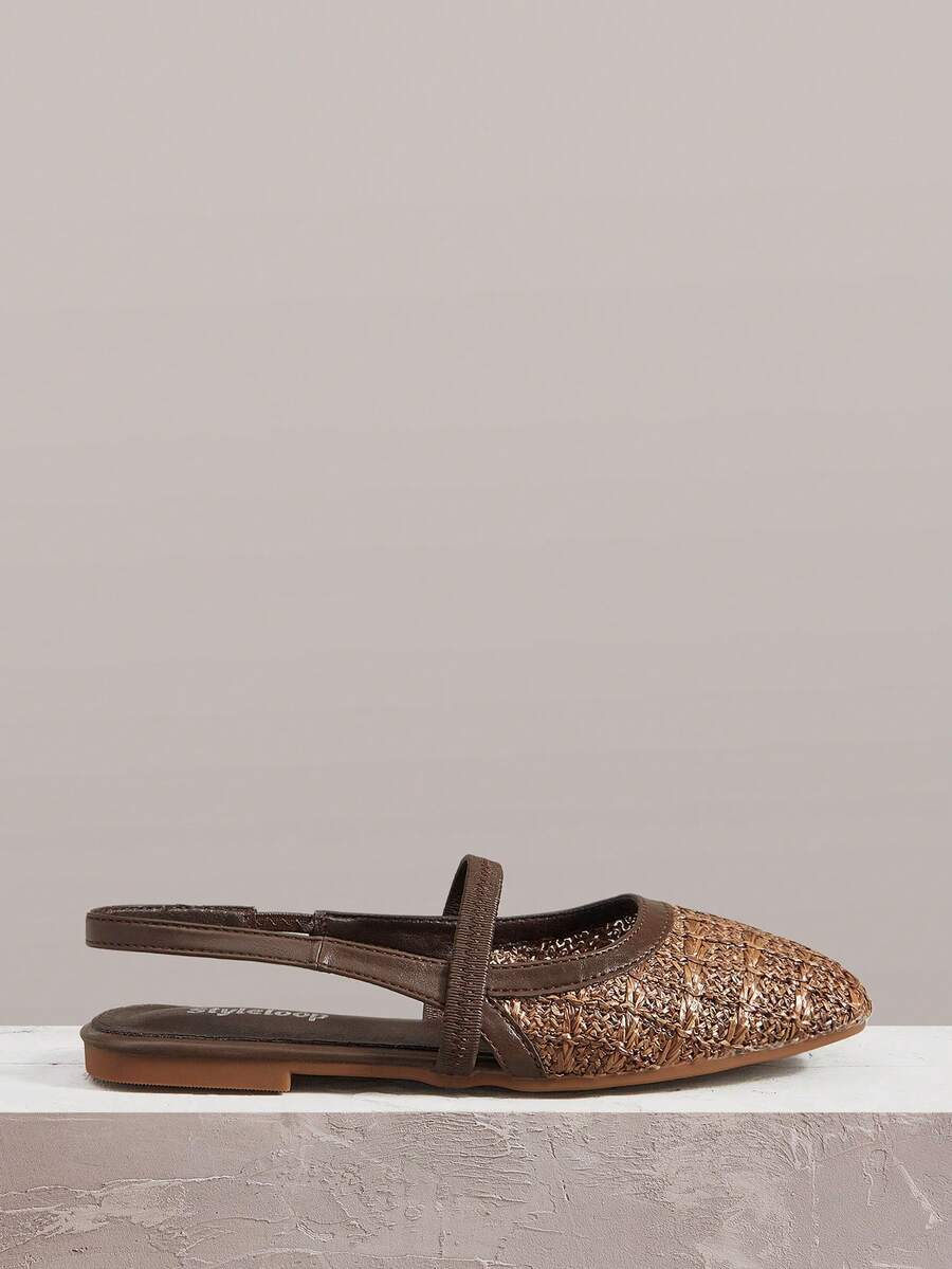 Styleloop Zapatos planos de mujer tipo slip-on, mules de talón abierto, decoración con tira tejida transpirable, puntera cuadrada de bajo perfil, cómodos y elegantes zapatos tipo Mary Jane, estilo bohemio, perfectos para vacaciones y viajes - Marrón Chocolate - Ver 1