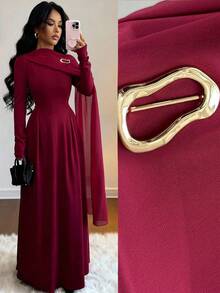 Rafferiza Petite 优雅都市时尚拼接雪纺高领长袖A字廓形金属胸针装饰法式优雅连衣裙，适合毕业派对、节日活动、度假、约会、婚礼、秋冬季等场合。 - 酒紅色 - 查看 1