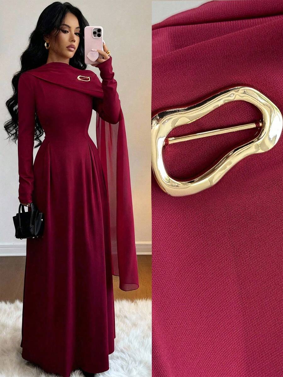 Rafferiza Petite 优雅都市时尚拼接雪纺高领长袖A字廓形金属胸针装饰法式优雅连衣裙,适合毕业派对、节日活动、度假、约会、婚礼、秋冬季等场合。 - 酒紅色 - 查看 1