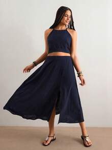 Freevana Plus Size Summer Boho Navy Blue Holiday Vacation 2 Pieces Set, Women's Polka Dot Strappy Off-Shoulder Cropped Top&High Slit Skirt Brunch Outfits Dresses - Royal Blue - View 5