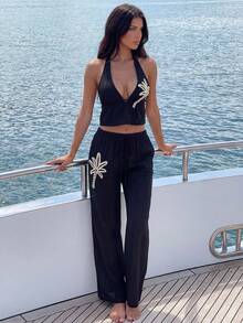Swim Vcay Spring/Summer Coconut Tree Print Beachwear Set, Black Halter Top Paired With Wide Leg Pants, Casual Vacation Coverup - Black - View 1