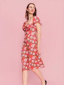 lacRébo Pink Floral Print Red Woven Midi Dress With Short Sleeves And Open Back Detail Chic Spring Summer Holiday Dress Red Vacation Dress French Style Parisian Style - Red - View 6