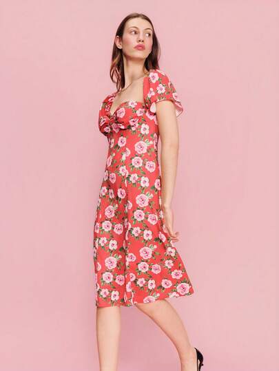 lacRébo Pink Floral Print Red Woven Midi Dress With Short Sleeves And Open Back Detail Chic Spring Summer Holiday Dress Red Vacation Dress French Style Parisian Style