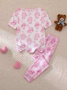 SHEIN Bộ đồ ngủ 2 mảnh dễ thương, thoải mái cho bé gái, họa tiết mây, sao, trăng, kẻ caro, gồm áo tay ngắn và quần legging. - Nhiều màu - Xem 2