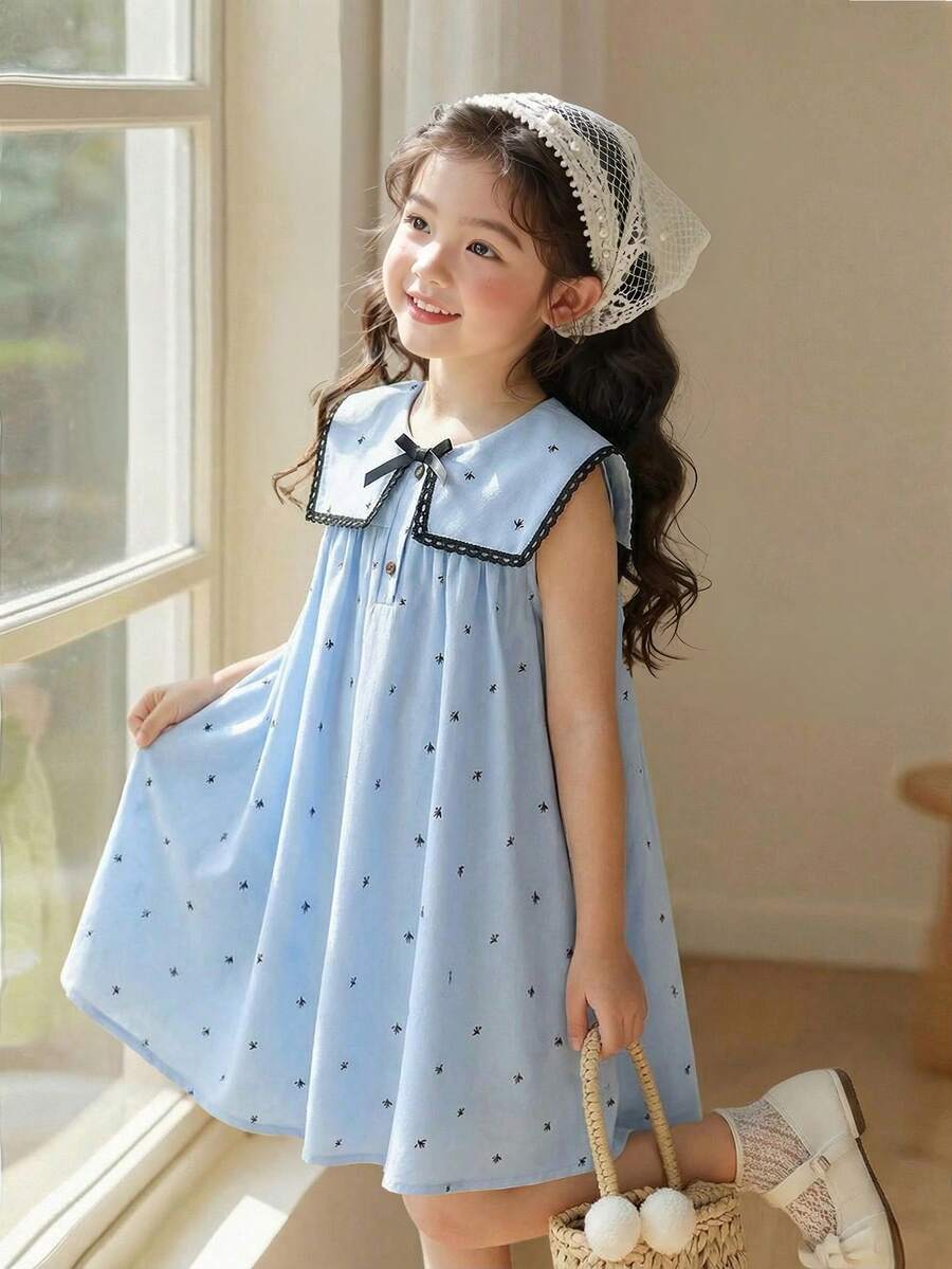 SHEIN Elladie kids 女童休閒夏季仙女派對洋裝,淺藍黑色小碎花方領設計,附可愛蝴蝶結蕾絲飾邊,優雅穿搭,藍色蝴蝶 - 藍色 - 查看 1