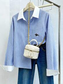 GlowEve CURVE Plus Size Women's Elegant Blue And White Striped Long Sleeve Shirt,Horse Decor Pocket,Smart Casual Autumn School Back-To-School Work Casual Outfits - Blue and White - View 9