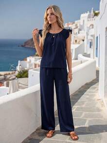 Faunlyn Women's Vacation Casual Solid Color Top And Pants 2 Pieces Set Summer Outfits For Women Coords For Women Summer Outfit Casual Sets For Women Vacation Outfits Women Holiday Outfits For Women Summer Holiday Outfits Country Concert Outfit Work Outfits For Women Office Outfits For Women Two Piece Set Women Summer Two Piece Set 2 Piece Vacation Outfit Two Piece Vacation Set Women's Blouse Set - Blue - View 6