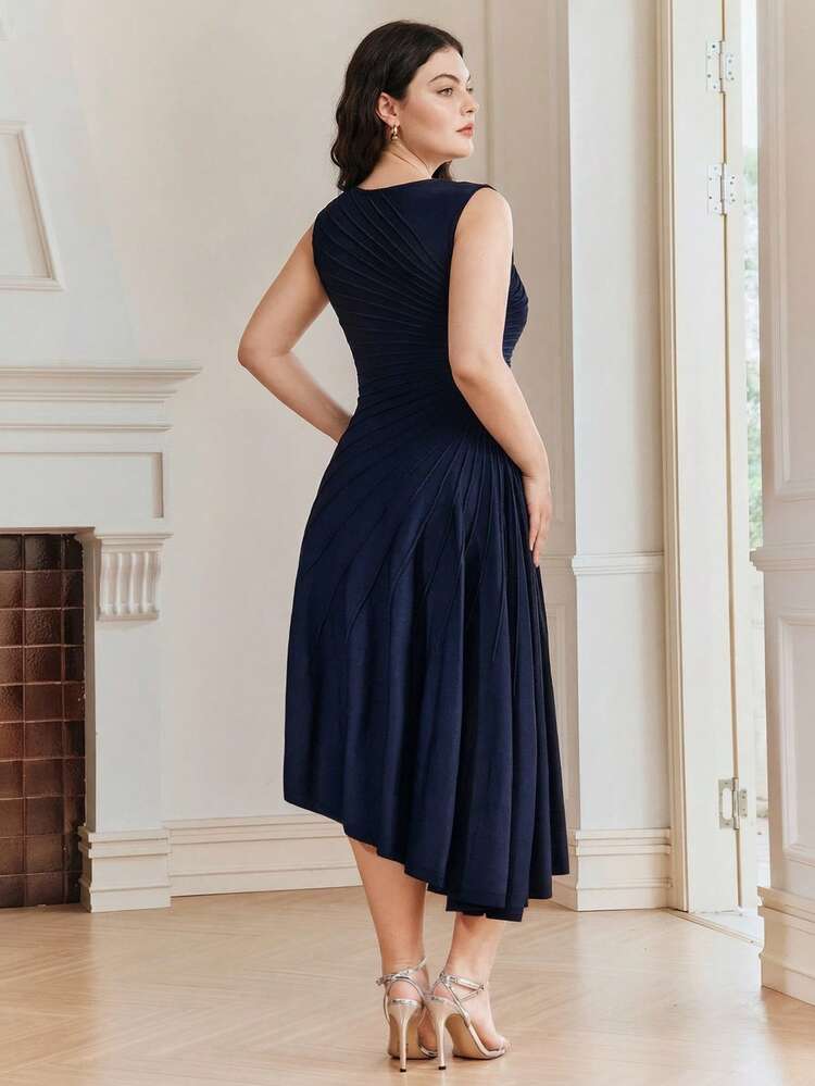 Plus Size Women's Elegant Solid Color Heavy-Weight Knit Sleeveless Irregular Pleated Sweater Dress, Early Spring
