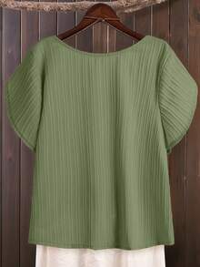SHEIN LUNE 大码女式纯色不对称荷叶袖休闲衬衫 - 綠色 - 查看 2