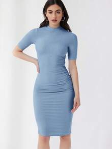 SHEIN Essnce Đầm nữ màu trơn cổ tròn, eo nhún, dáng ôm thanh lịch - Màu xanh bụi bặm - Xem 2