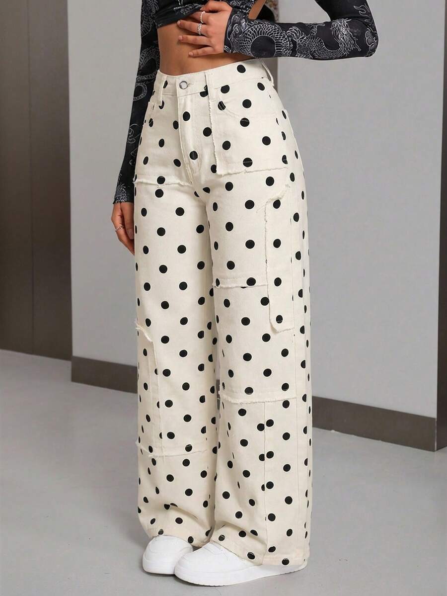 SHEIN PETITE Women's Polka Dot Pocket Button Casual Versatile Daily Wear Wide Leg Jeans - Beige - View 1