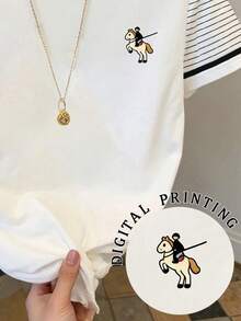 Resyla 女士骑士印花圆领短袖休闲条纹T恤 - 白色 - 查看 5