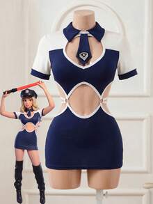 Fantasy Costume Fantasy Costume Bộ 2 váy ôm sát bằng satin phối màu tương phản, kiểu dáng hở vai, tạo hiệu ứng thon gọn, phù hợp cho nữ tiếp viên hàng không, công sở, dự tiệc, hoặc dùng làm đồ lót. - Xanh và trắng - Xem 6