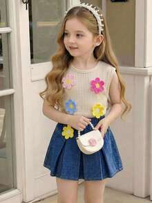 Elladie kids Conjunto de 3 piezas para niñas pequeñas: Blusa sin mangas con aplicación floral elegante y casual + Camiseta blanca simple y cómoda + Falda vaquera casual - Multicolor - Ver 3