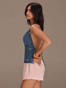 Athîral Áo kiểu denim nữ không tay cổ chữ V hở lưng, thích hợp cho kỳ nghỉ xuân hè. - Rửa trung bình - Xem 6