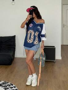 Coolane 女士春夏街头风 Y2K 豹纹数字图案足球球衣 V 领粉色 T 恤 - 藏蓝色 - 查看 5