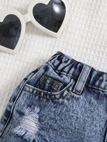 SHEIN Celana Pendek Jeans Gaya Boho Musim Semi/Panas Y2K untuk Anak Perempuan, Celana Pendek Denim Kasual dengan Efek Lusuh dan Pudar - Dark Wash - View 5