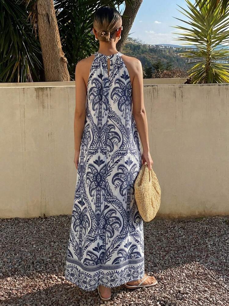 Women's Tropical Print Halter Dress, Casual Holiday Style
