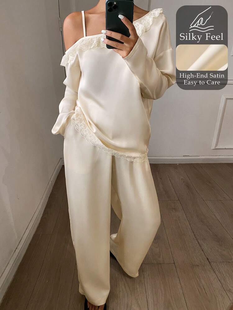 Women's Lace Patchwork Satin Oblique Collar Pajama Set, Suitable For Spring And Autumn