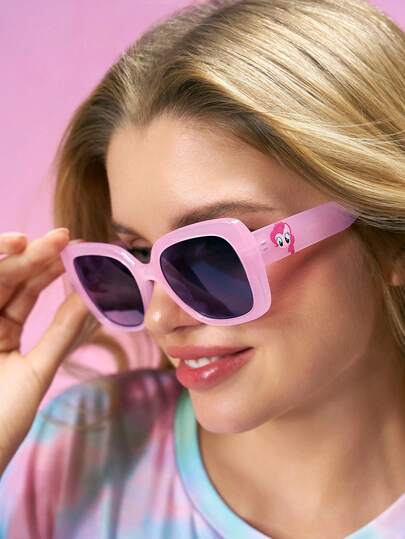 My Little Pony X SHEIN Sweet Cute Large-Framed Square Pink Women Fashion Glasses,Suitable For Everyday Wear, Comes With A Free Cartoon Storage Bag, For Travel & Outdoor Activities