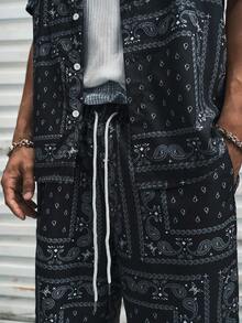 Modcrash Men's Paisley Print Short Sleeve Shirt And Shorts 2 Pieces Set With Single-Breasted Button, Elastic Waist Drawstring And Pockets , Retro American, Unisex, Relaxed Fit Summer Outfits – Suitable For Everyday Wear And Summer Holiday Outfits. - Black - View 5