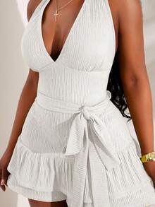 SHEIN SXY Plus Size White Backless Halter Ruffled Romper For Summer Holiday Pool Party Vacation - White - View 3