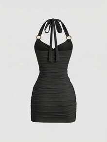 Sweetra Women's Apricot V-Neck Halter Twist Ruched Bodycon Mini Dress, Spring/Summer - Black - View 2