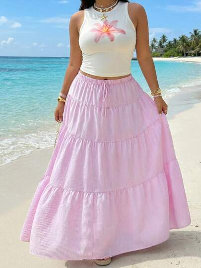 GalTyme Ensemble 2 pièces grande taille, débardeur à imprimé floral et jupe rayée, tenue décontractée pour les vacances