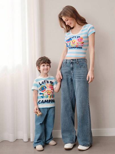 BABY SHARK X SHEIN Áo thun nữ tay ngắn cổ tròn in họa tiết nhiều màu sắc