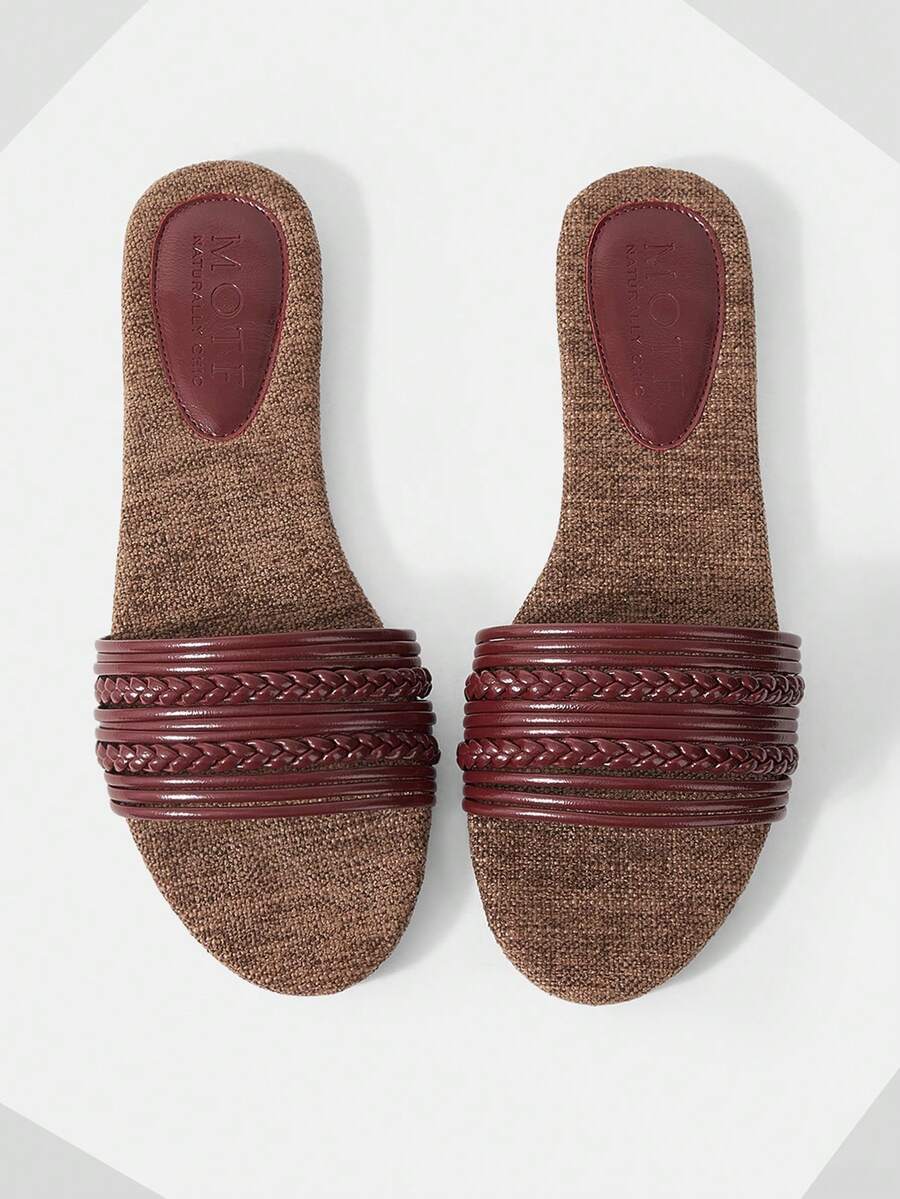 MOTF 春夏新款户外女士平底拖鞋 圆头编织简约黑色凉鞋 女士厚底防滑休闲百搭露趾沙滩拖鞋 - 酒紅色 - 查看 1