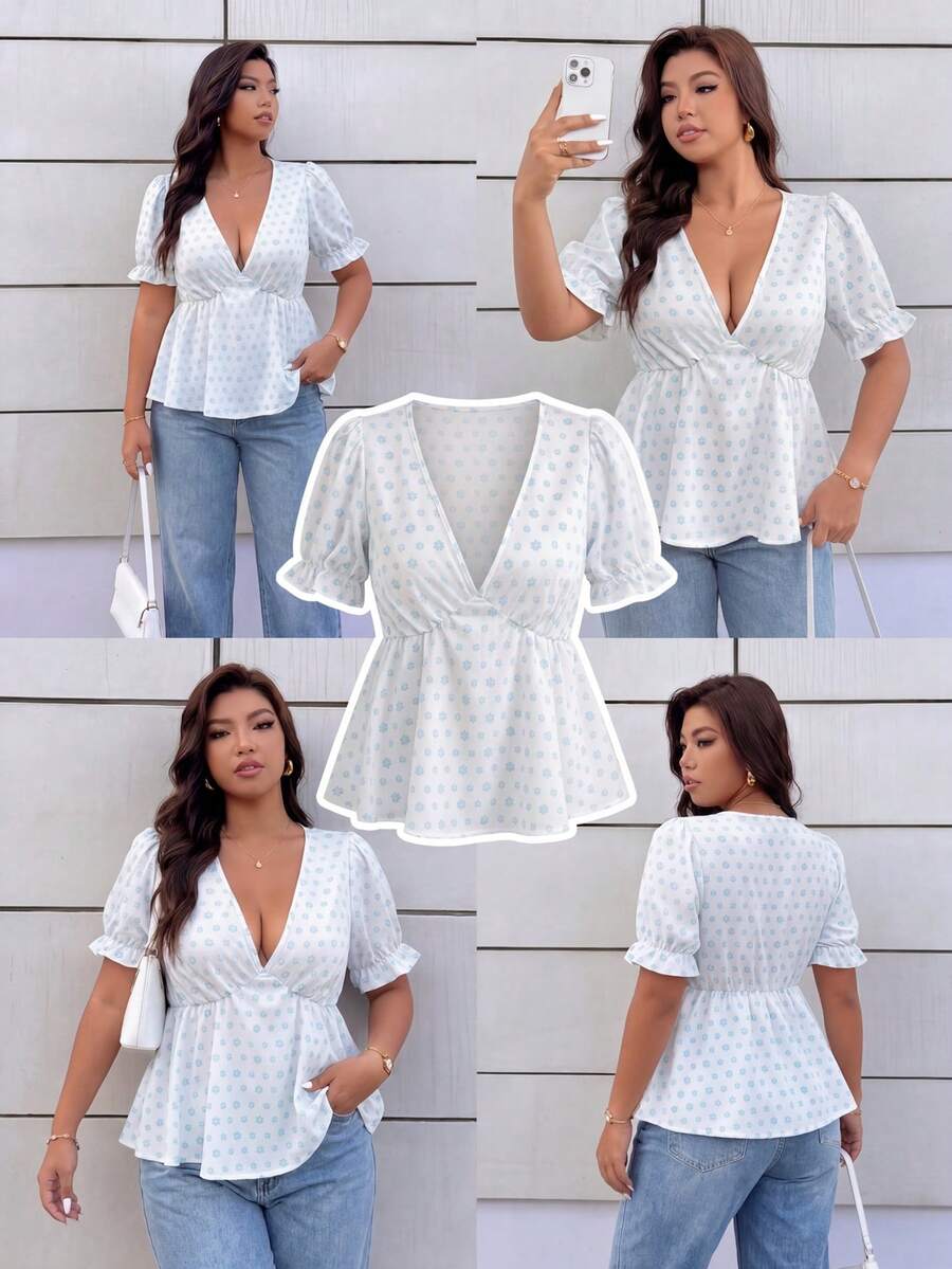 Calvaya Plus Size Deep V-Neck Puff Sleeve Cinched Waist Printed Blouse ...