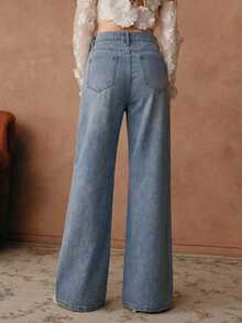 Anewsta Quần jeans ống rộng dáng suông thêu ren đính đá, thời trang mới mùa xuân/hè dành cho nữ, thích hợp mặc hàng ngày đi làm. - Màu xanh lam - Xem 2