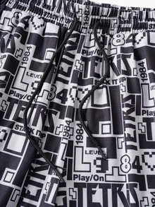 Tetris™ X SHEIN Bộ đồ ngủ nam in họa tiết hình học gồm áo và quần short - màu đen - Xem 6