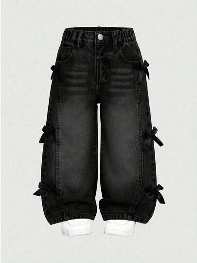 Girls (Small) Distressed Vintage Fashion Personalized Front Panel Split Washed Black Bowknot Wide Leg Snug Fit Versatile Casual Denim Jeans