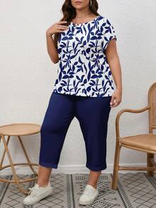 EMERY ROSE 大码女式全印花圆领上衣和裤子休闲两件套 - 寶藍色 - 查看 4