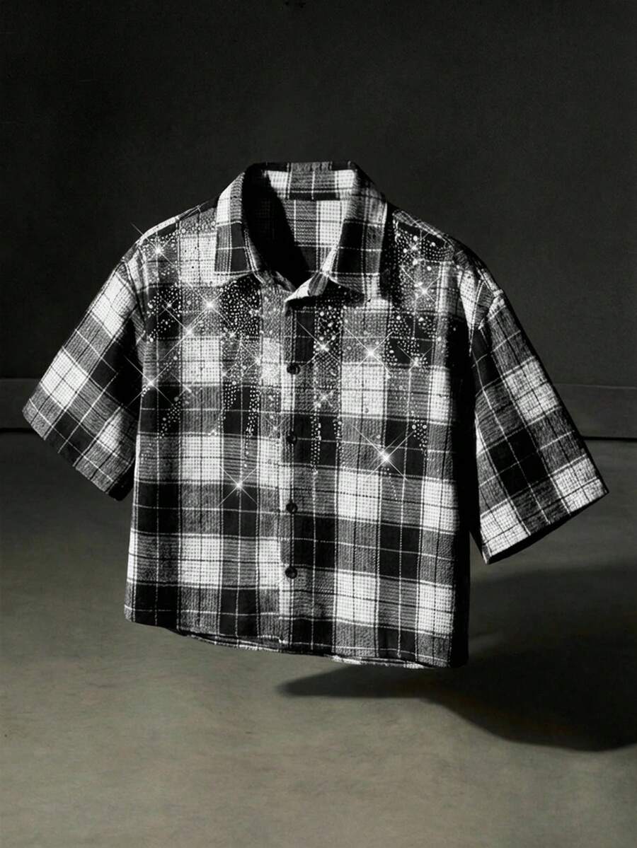 NEON BLANC 男士格子短袖衬衫，饰有水钻 - 黑與白 - 查看 1
