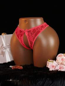 SHEIN Women's Red Lace Butterfly Decor Sexy Open Crotch Red Lace Panties - Burgundy - View 6