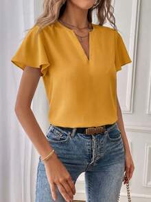 SHEIN Essnce 女士休闲通勤纯色翻领衬衫 - 黃色 - 查看 4