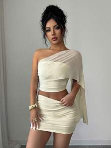 Selianne 性感透视网纱拼接套装，夏季褶皱腰身紧身迷你裙和抹胸露脐上衣两件套 - 杏色 - 查看 4