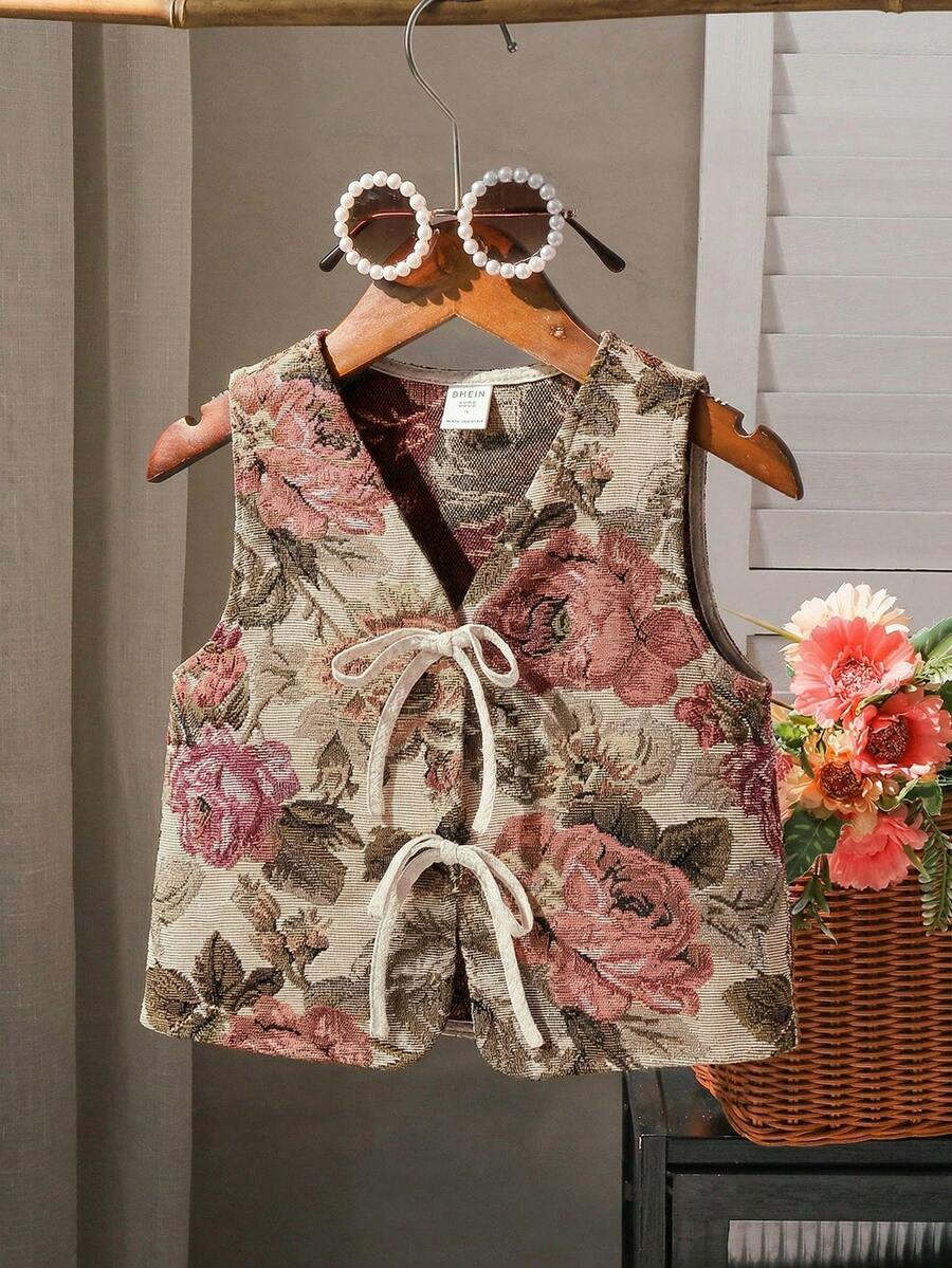 SHEIN 少女舒适优雅3D立体花朵领无袖衬衫 - 彩色 - 查看 1