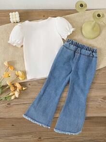 SHEIN Playful Pals 2件套 女童圆领短袖3D蝴蝶结灯笼袖T恤+弹力腰牛仔蓝阔腿裤 休闲时尚套装，夏季新品 - 杏色 - 查看 3