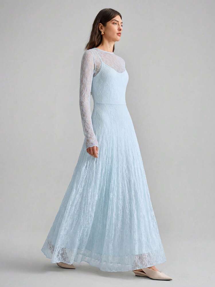 Women's Blue & White Lace Long Sleeve Casual Dress