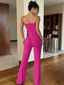 Conjunto de dos piezas con top asimétrico bandeau fruncido de unicolor y pantalones acampanados para mujer - Rosa Fucsia - Ver 3