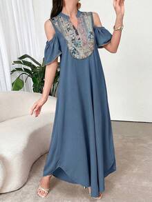 Al Najma Đầm kiểu Ả Rập thanh lịch, cổ chữ V, hở vai, họa tiết hoa jacquard. - Màu xanh lam - Xem 3