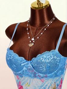 Amplova Lace Cup Detail Tropical Floral Mesh Bodycon Mini Dress Body Fitting Dress Hot Dresses For Women Women's Summer Outfits Body Shaping Dress Y2k Summer Outfits For Women Spring Clothes Women Festival Outfits For Women Easter Dress Women Party Clothing Wedding Guest Clothing For Women Graduation Clothing Casual Clothing For Women Holiday Outfits For Women - Blue - View 4